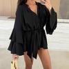 Spring Summer Ruffle Loose Mini Dress Casual Flare Sleeve Holiday Dresses Sexy Deep V Lace Up Solid Color Women's Dress Vestidos