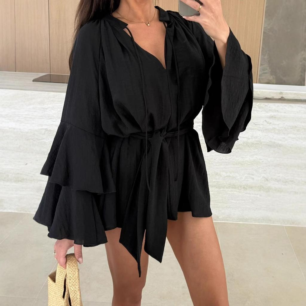 Spring Summer Ruffle Loose Mini Dress Casual Flare Sleeve Holiday Dresses Sexy Deep V Lace Up Solid Color Women's Dress Vestidos