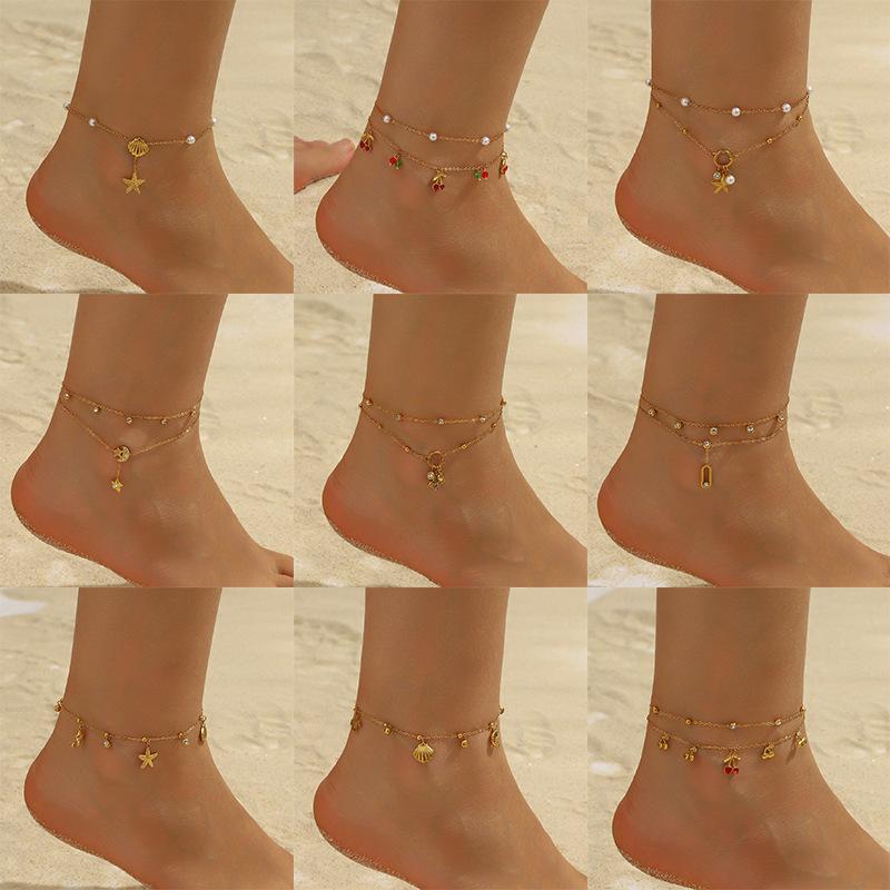 Layered Charm Anklet With Rhinestone Cherry Starfish Flower Moon And Star Pendants For Women