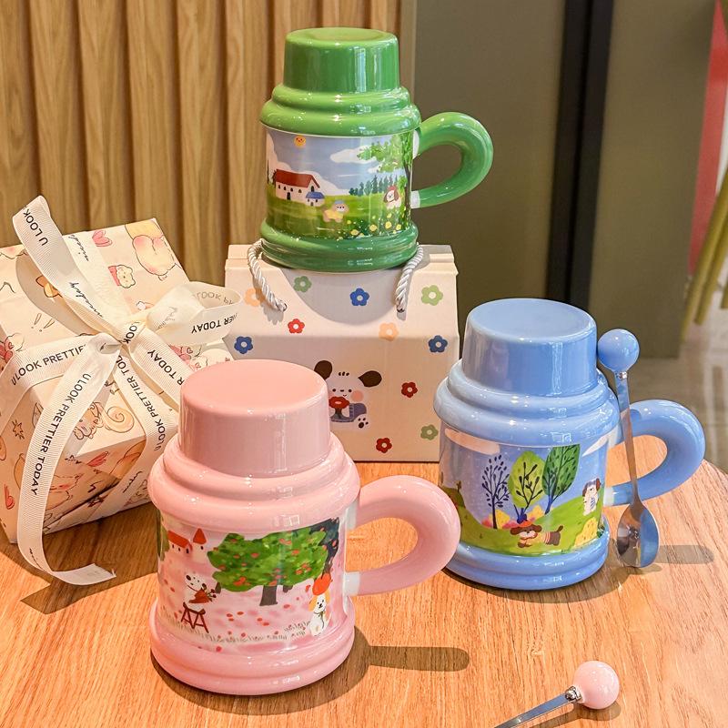 Cute Fairy Tale Puppy Water Cup Couple High Value Ceramic Mug with Lid Spoon Birthday Graduation Gift for Boys and Girls
