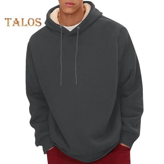 Hanorac de iarnă pentru bărbați, căptușit cu pluș, culoare uni, cu șnur, larg, cu mâneci lungi, top termic cu manșete elastice, hanorac casual de zi cu zi