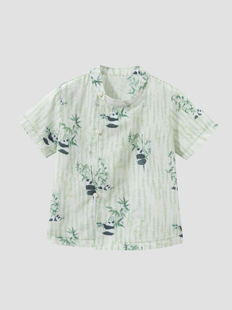 Trendy Summer Retro Chinese Stand-Collar Shirt with Frog Button Print for Boys