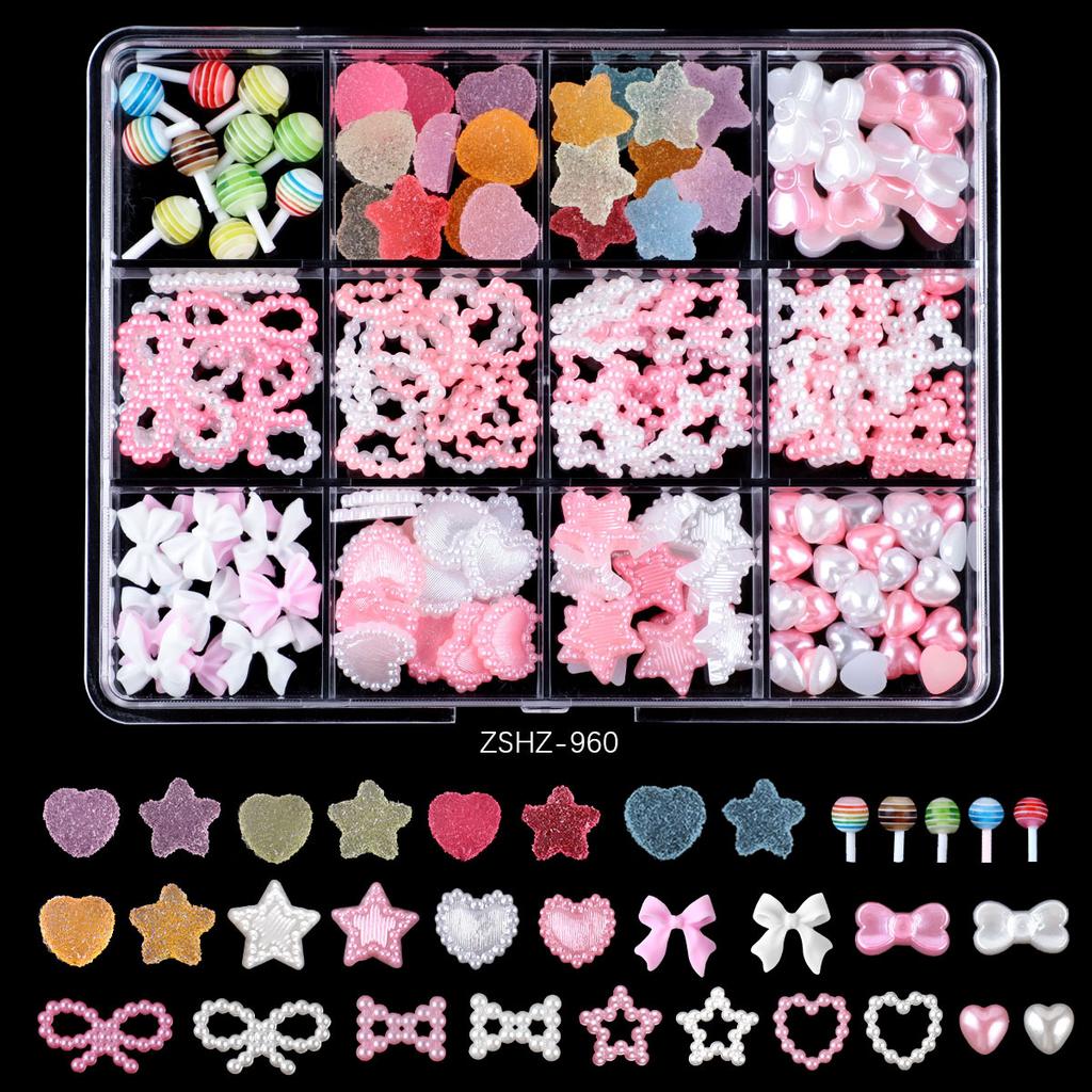 12 Grid Rose Nail Art Alloy Jewelry Resin Bow Camellia Three-Dimensional Flower Mixed Box