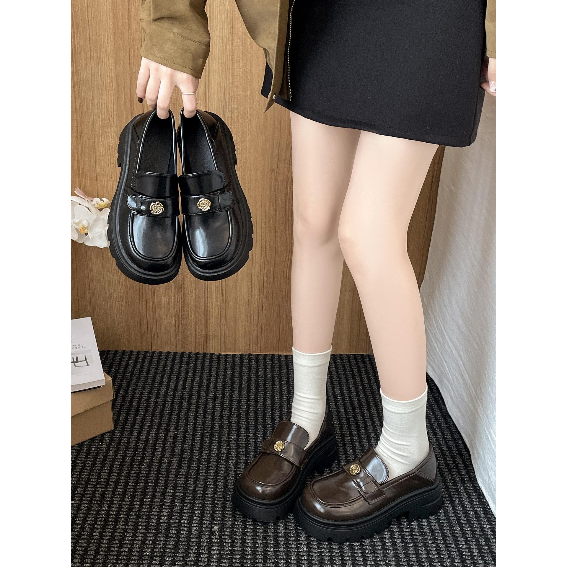 Black jk versatile thick heel platform small leather shoes 2026 spring and autumn with skirt soft sole heightening loafers 40 коричневый 3240₽