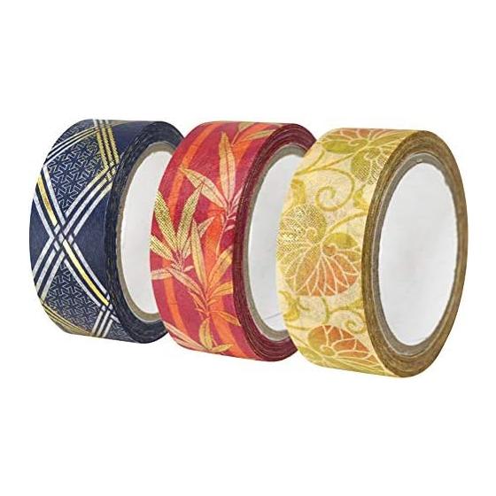Kamiiso Sansho Japanese Masking Tape Washi Kimono Beauty 3 Volumes (Aoi, Bamboo, Diagonal Lattice) Set Width 15mm x 7m Roll GR-0522