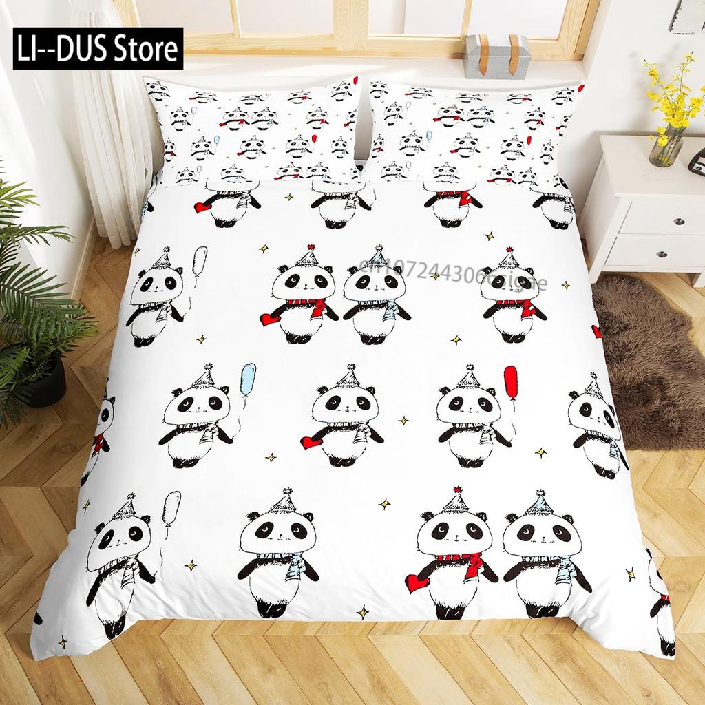 Panda Duvet Cover Set King Size Black And White Animal Comforter Cover With Pillowcases Starry Sky Blue Ultra Soft Quilt Cover