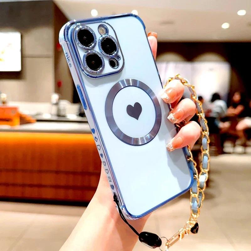 Plating TPU Case For iPhone 17 16 15 14 13 12 Pro Max Plus Air 16Pro 15Pro 14Pro for Magsafe Charge Wrist Lanyard Bracelet Cover