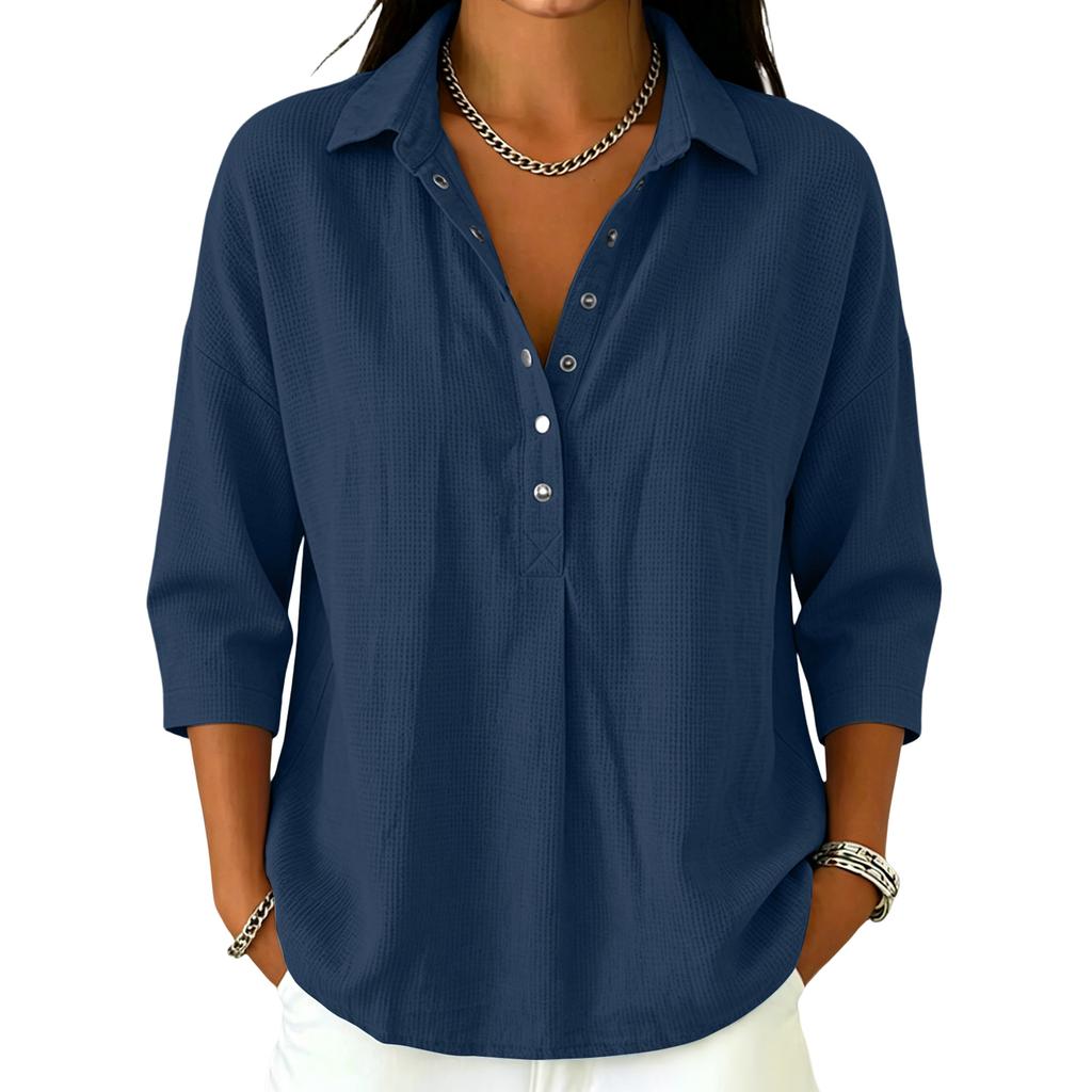 Women's Casual V Neck Button Down Waffle Knit Top Three Quarter Sleeve Relaxed Fit Lightweight Shirt for Everyday Wear