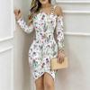 Women Plus Size One Cold Shoulder Long Sleeve Cactus Floral Print Irregular Slit Bodycon Midi Dress