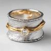 Retro Dual-Tone Copper Ring for Women with Creative Artificial Zirconia Wide-Face Ethnic Style Gift Ring