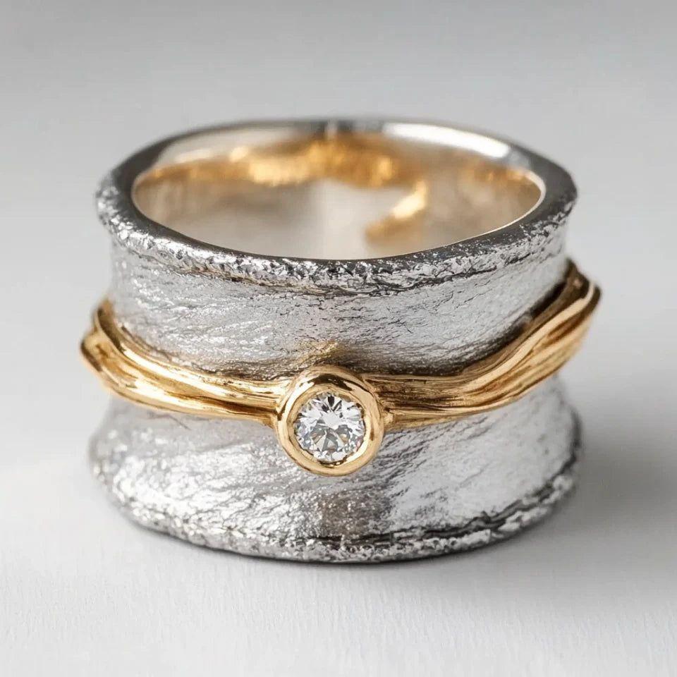 Retro Dual-Tone Copper Ring for Women with Creative Artificial Zirconia Wide-Face Ethnic Style Gift Ring