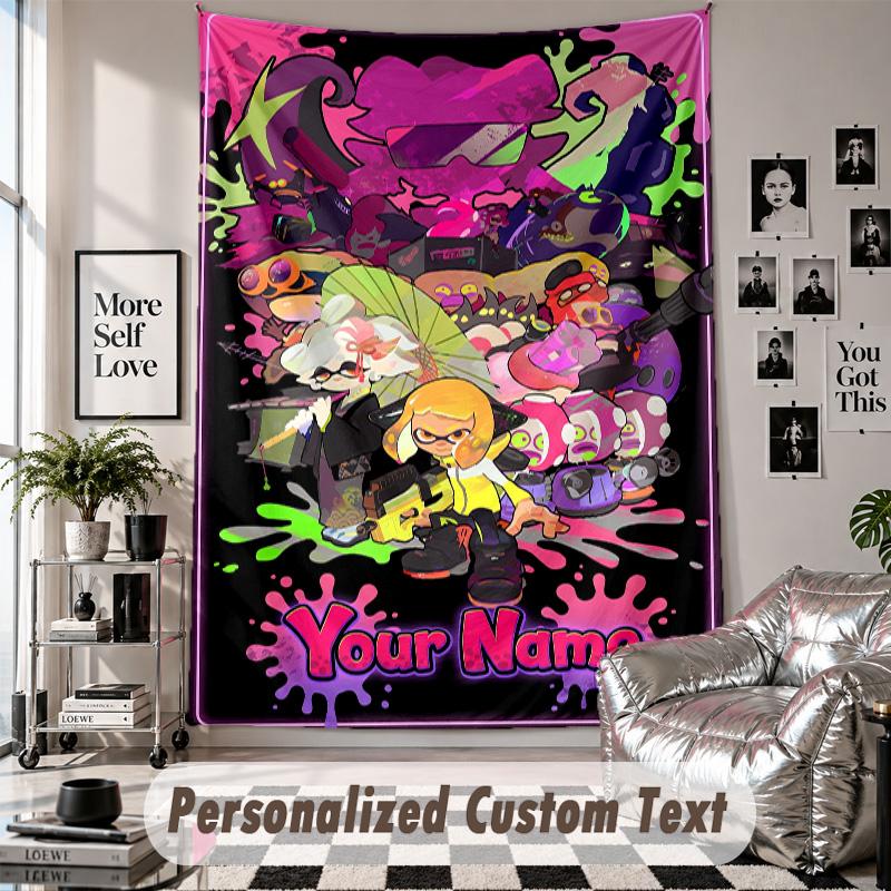 Wall Hanging Tapestry With Custom Name & Text, Splatoon Decorative Tapestry For Bedroom