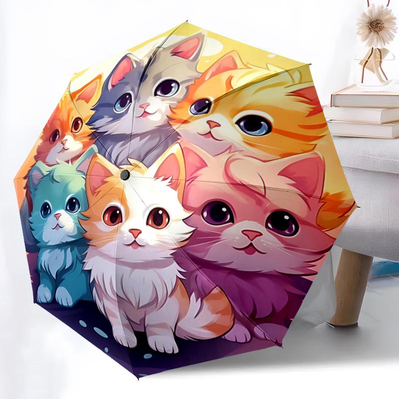 1pc Cartoon Colorful Kittens Animals Durable Cartoon Folding Umbrella, Portable 3-Fold Compact Umbrella for Men and Women, Suitable for Travel or