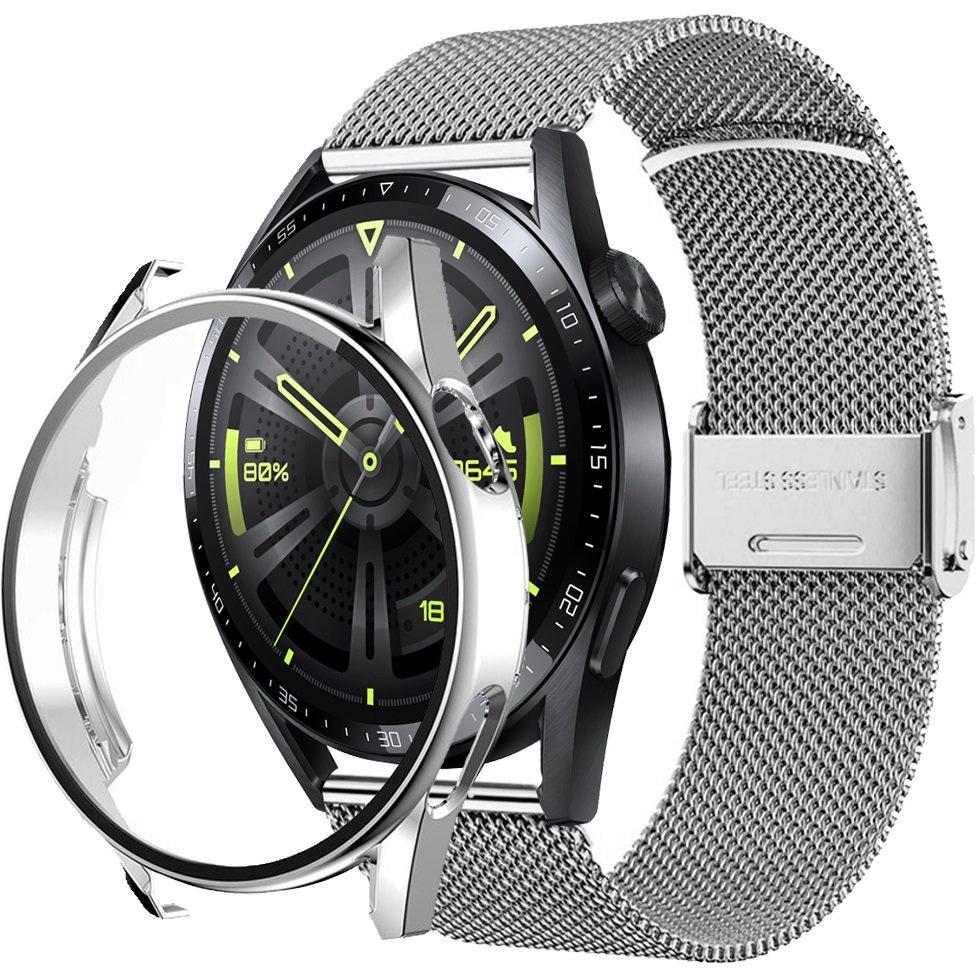 Milanese Bracelet + Case with Screen Protector for Huawei Watch GT 3 46mm, Silver