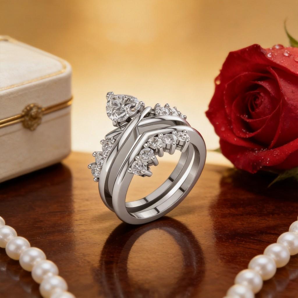 Elegant Heart Diamond Ring Set With Cross Design For Wedding And Anniversary Gifts
