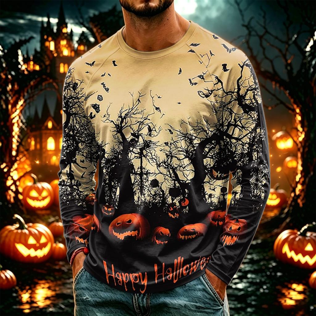 Men's Casual Long Sleeve Halloween Printed T-Shirt, Lightweight Neck Top for Daily Wear