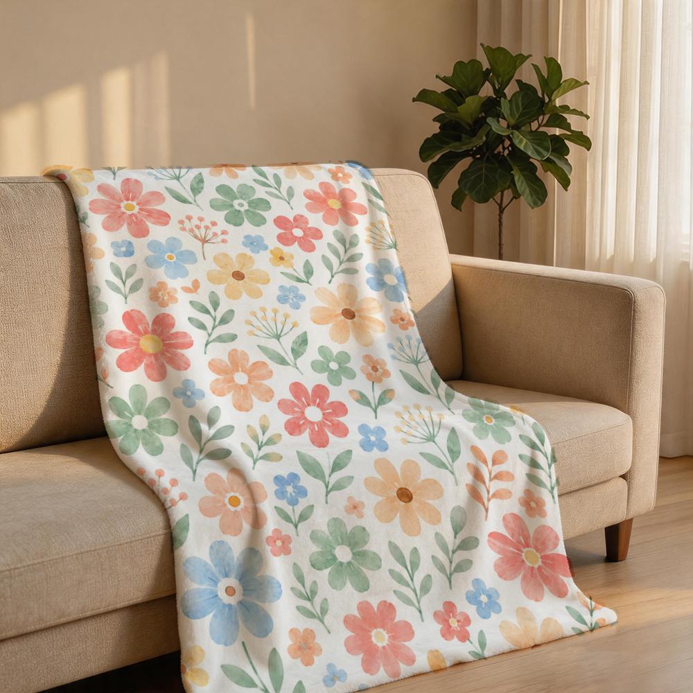 SpringMacaronWatercolorFloral Throw Short Plush Throw Blanket Soft Skin-Friendly Multi-Scene Home Office
