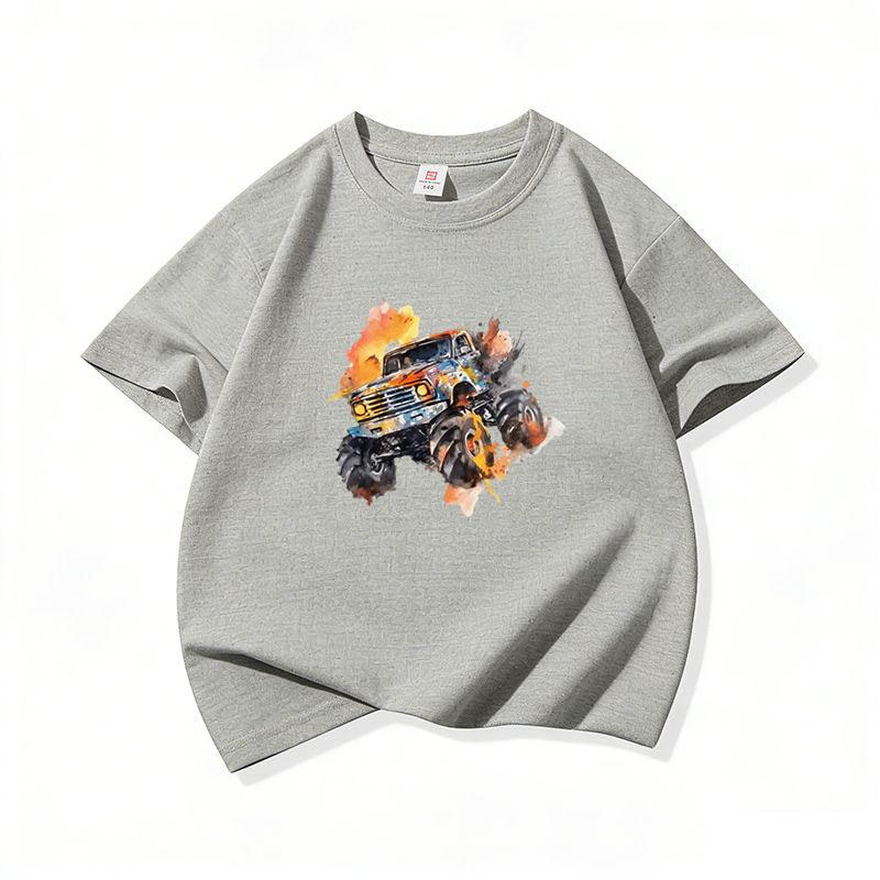 Kids Cotton T Shirt Bright Splash Offroad Vehicle Print Crew Neck Short Sleeve Tee Casual Breathable Boys Girls Summer Tops