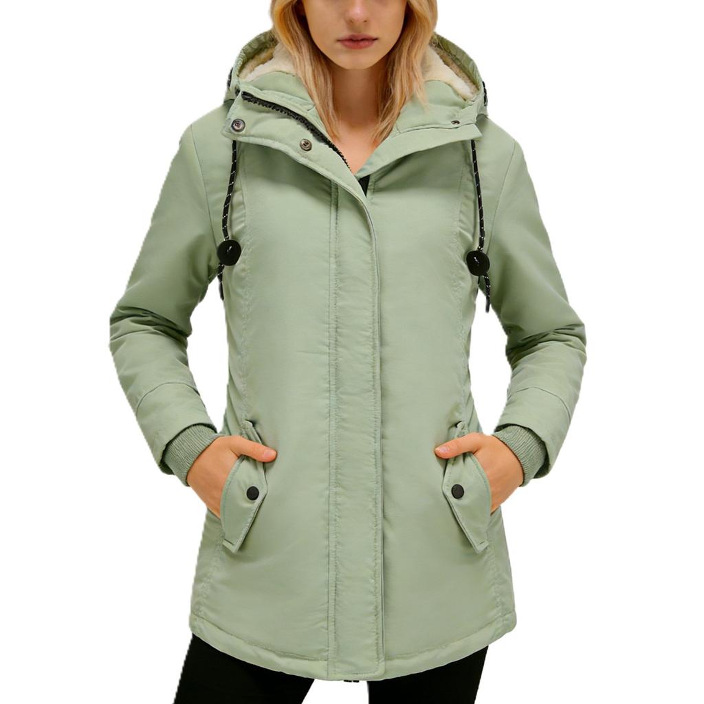 Women's Hooded Sherpa Lined Midi Coat Solid Color Zip Up Warm Winter Casual Outerwear Jacket