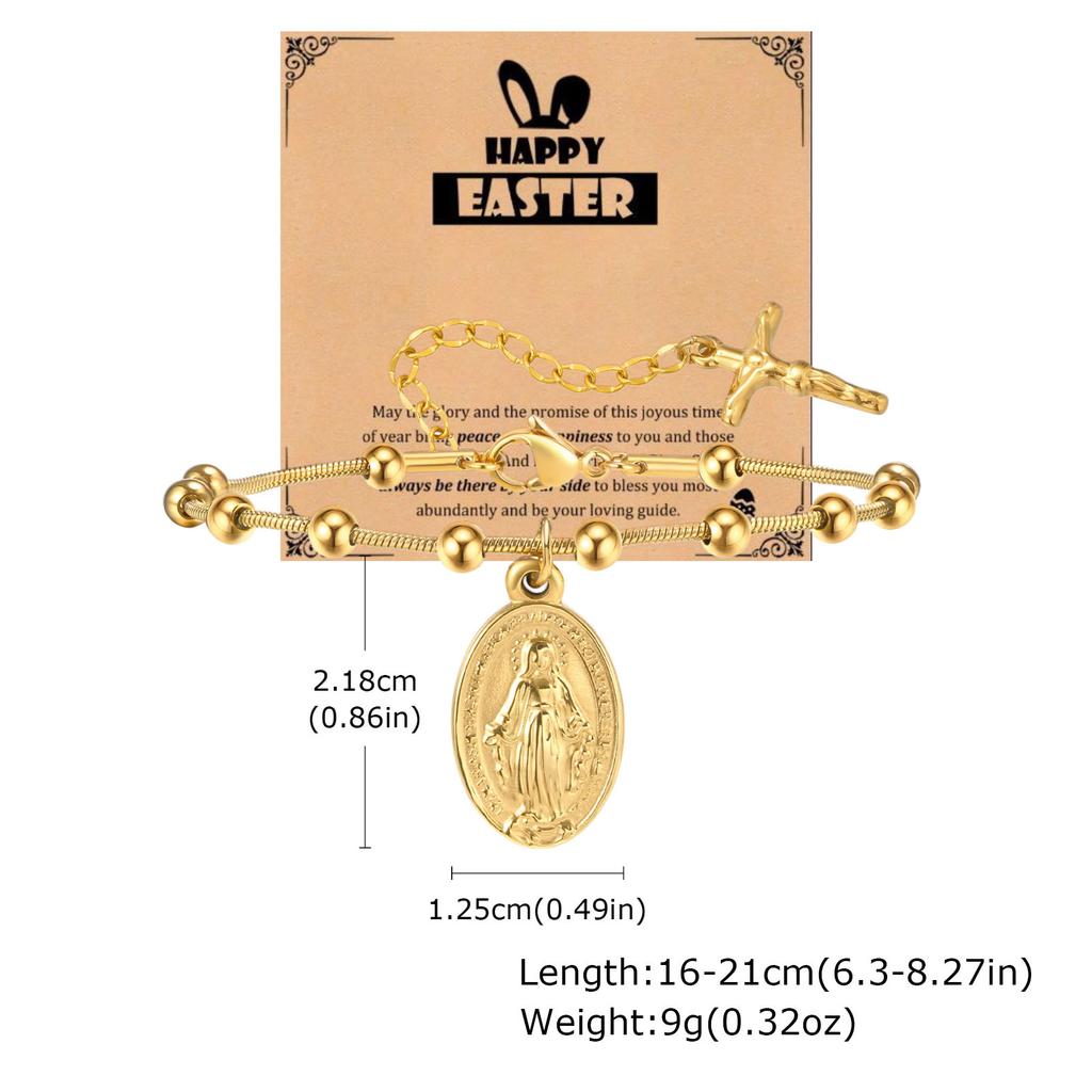 Vnox Rosary Bracelet with Easter Card, Gold Sliver Color Stainless Steel Religious Cross Virgin Mary Prayer Bracelets for Women