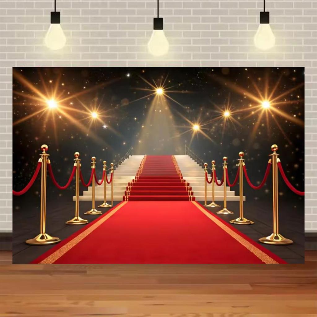 Fondo Fotografico Tappeto Rosso di Hollywood, Tema Uscita Film e Premio Oscar, Fondo Fotografico Focalizzato sull'Oro, Decorazioni per Eventi e Palchi