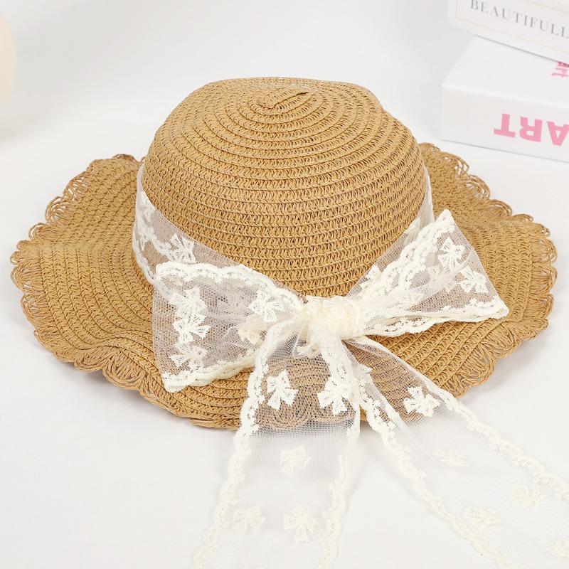 Sweet Lace Bow Straw Hat Outdoor Big Eaves Sun Hat Fashion Lace Ribbon UV Protective Straw Hat