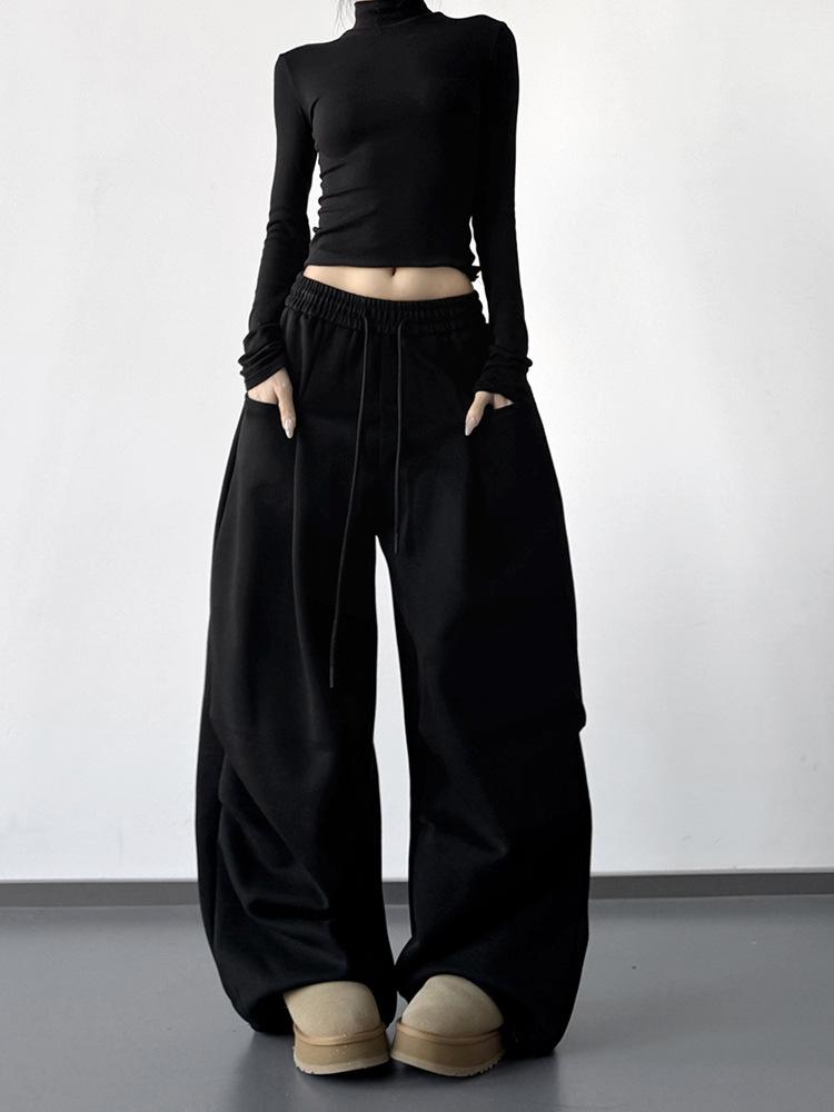 2025 Autumn/Winter Black Drawstring Women's Wide-Leg Drape Pants - Casual Loose Fit Dance Sweatpants