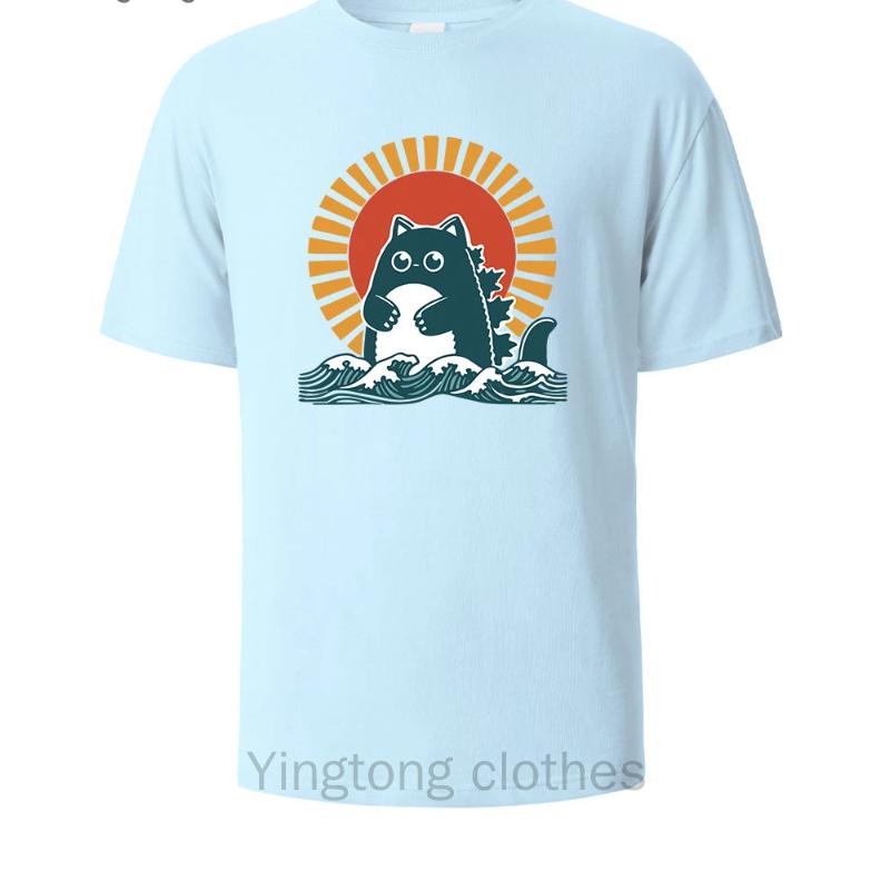 Cat Printed Soft Cotton Mens Tee Lightweight Breathable Minimalist Round Neck Design Comfortable Loose Fit Mens T-shirt