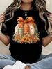 Autumn‑Vibe Women Short‑Sleeve Cotton T‑Shirt Crew Neck Pumpkin Pattern Print Daily Wear Tops