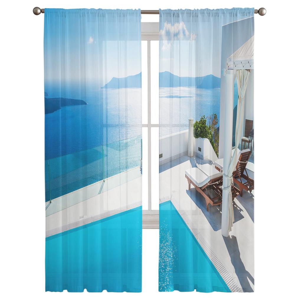 Meer Gebäude Stuhl Landschaft Tüll Vorhänge Für Wohnzimmer Dekoration Moderne Chiffon Sheer Voile Küche Vorhang