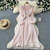 Commuter Blue Pleated Long-sleeved Dress for Women's Summer Waist and Thin Temperament Elegant A-word Temperament Long Dress