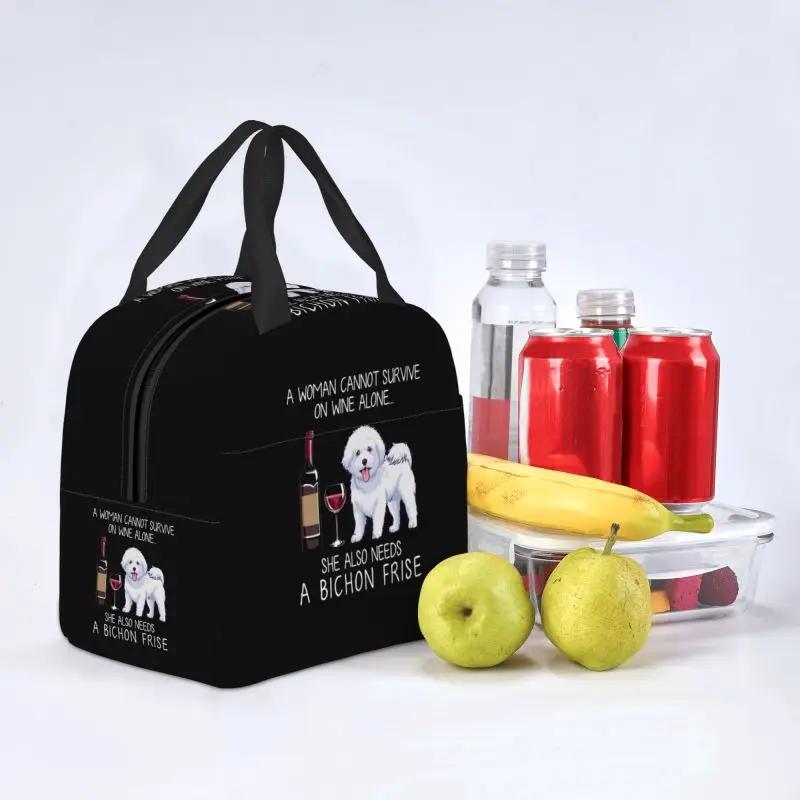 Bichon Frise And Wine Funny Dog Portable Lunch Box Waterproof Pet Puppy Thermal Cooler Food Insulated Lunch Bag Office Work