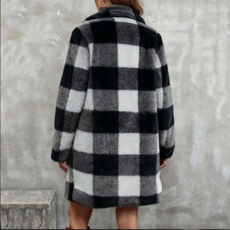 European and American cross-border autumn/winter new double-sided plush casual plaid long lapel button cardigan, women's jacket