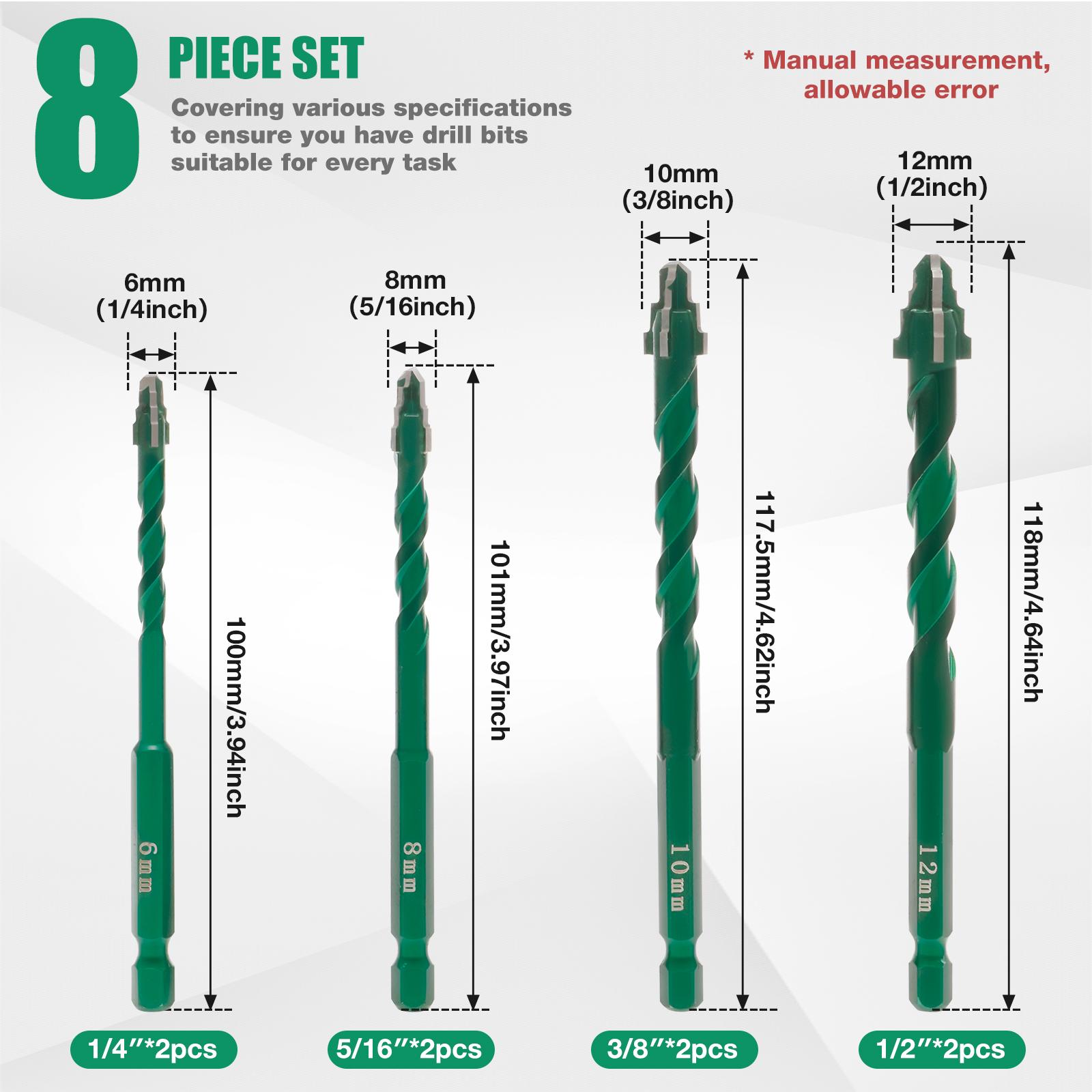 

8Pcs Four-Edge Serrated Concrete Drill Bit 1/4 Inch 6/8/10/12mm Tungsten Steel Serrated Eccentric Drill Bit for Concrete Glass 6mm-10mm