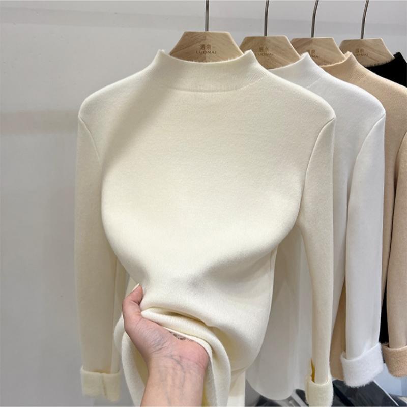 Autumn Half High Collar Slim Fit Warm Knitted Sweater Women Fashion Winter Thick Velvet Base Pullover Sweaters for Women Casual Plush Knitwears 24886