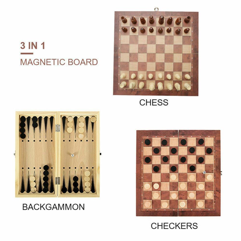 3in1 Large FOLDING WOODEN CHESS SET Board Game Checkers Backgammon Draughts Toy