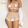 Women Erotic See Through Heart Print Underwear Set Tube Top Lace Micro Shorts