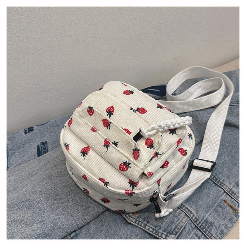 Fashion Printing Strawberry Crossbody Bag Zipper Corduroy Sweet Shoulder Bag Women Girl Gentle Handbag