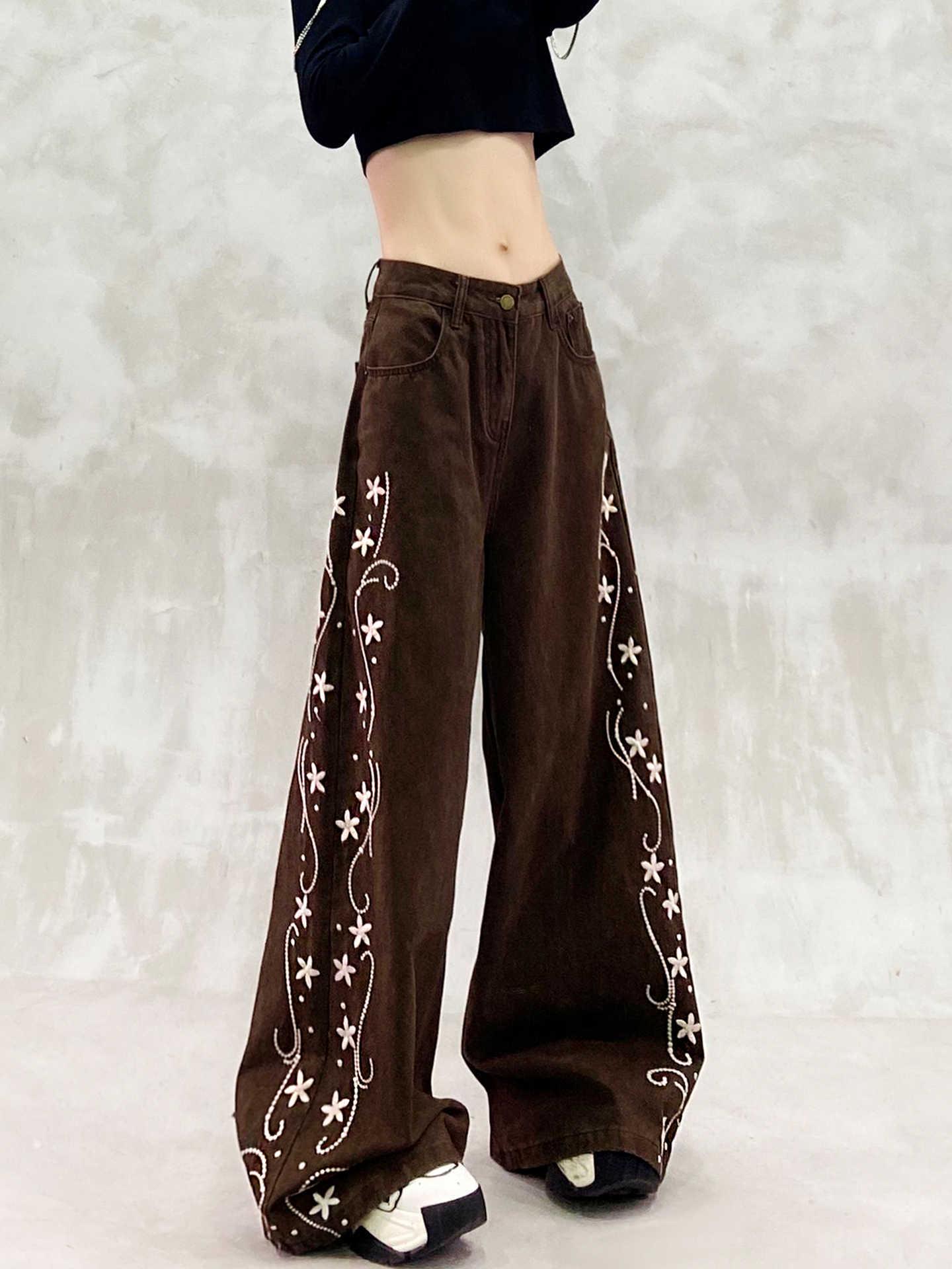Women s High-Waisted Loose Fit Floral Embroidered Fleece Jeans - Autumn Straight Wide-Leg Pants S