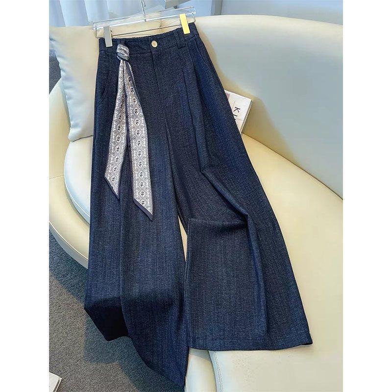 

Women s 2026 Stylish Dark Blue Silk Scarf Wide-Leg Pants - Early Spring Petite Faux Denim Straight-Leg Pants M (95-109 lbs) темно-синий