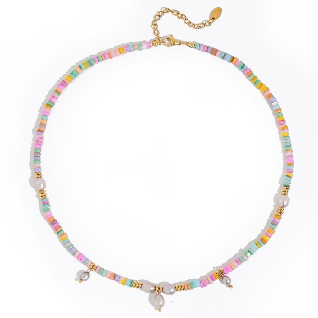 INS Style Colorful Beaded Necklace with Freshwater Pearl Pendant and Titanium Steel Chain