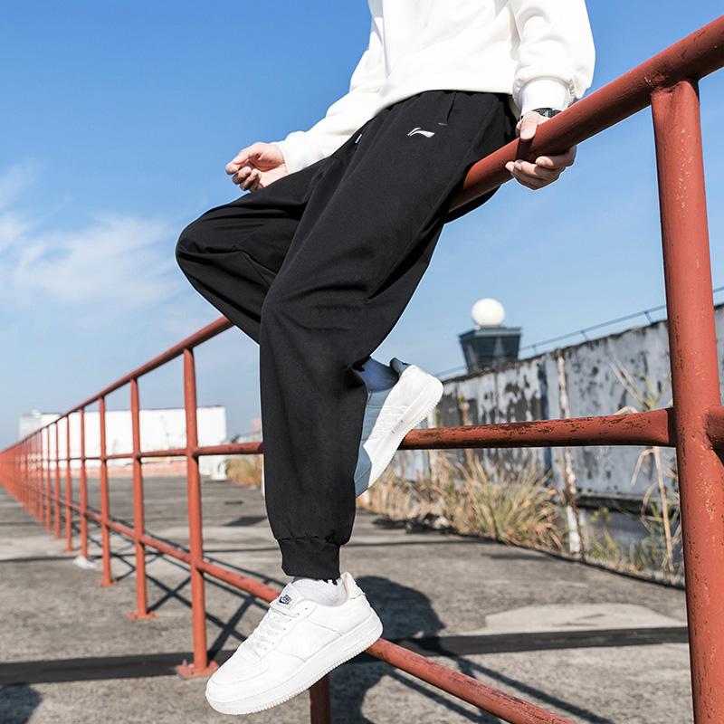 Li-Ning Casual Fleece Lined Warm Cuffed Long Pants Knitted Sports Pants Men bottoms Standard-Black AKLQ989-1