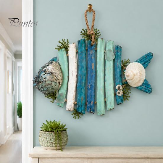 Seaside Style Wall Decorations Lighted Wooden Fish Hanging Decor, Rustic Nautical Fishing Wood Sculpture with LED Lights, Coastal Home Beach