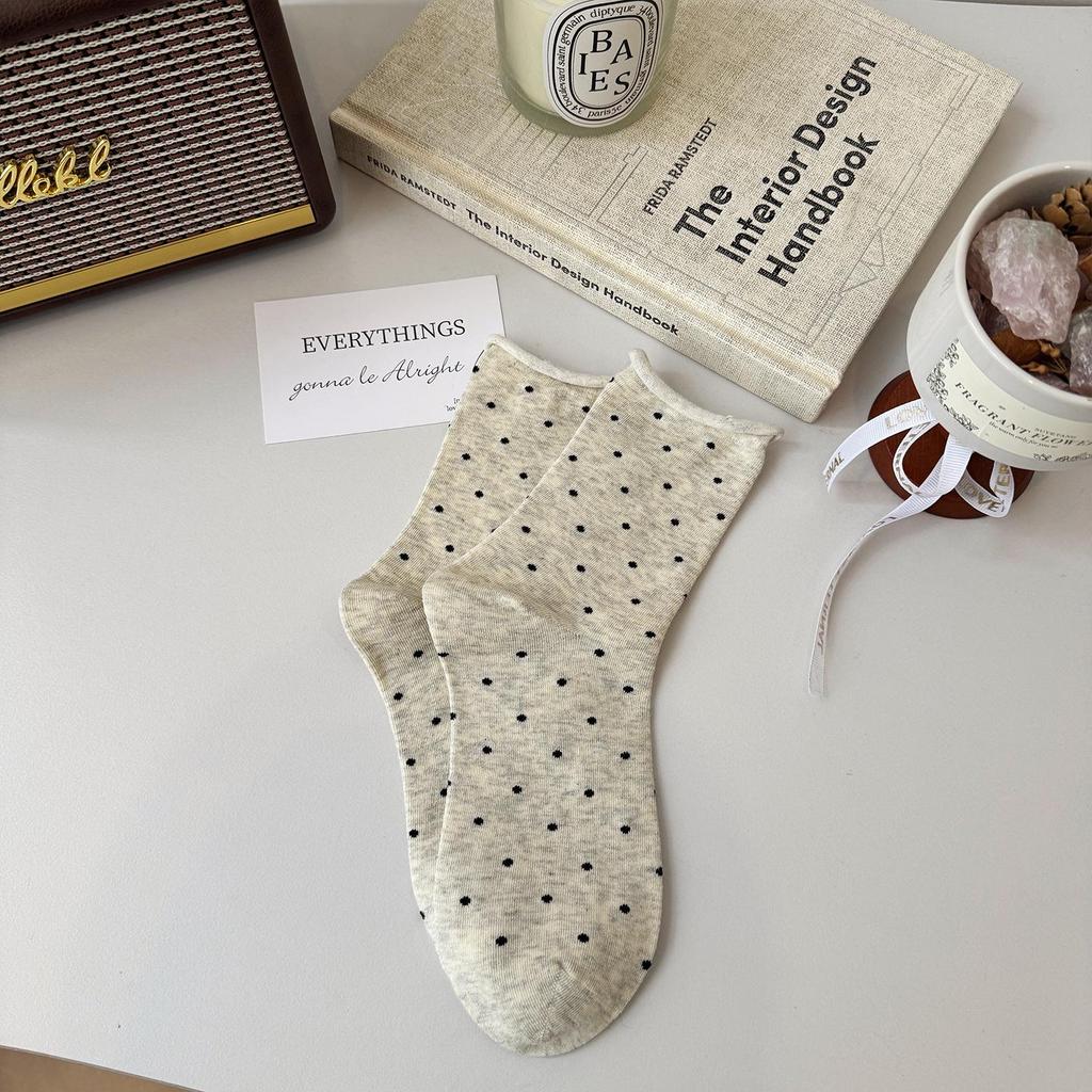 Women's Rolled Edge Polka Dot Mid-Calf Cotton Socks - Pairs Well with Birkenstock Shoes, Loose Fit, Slouchy, Casual Style