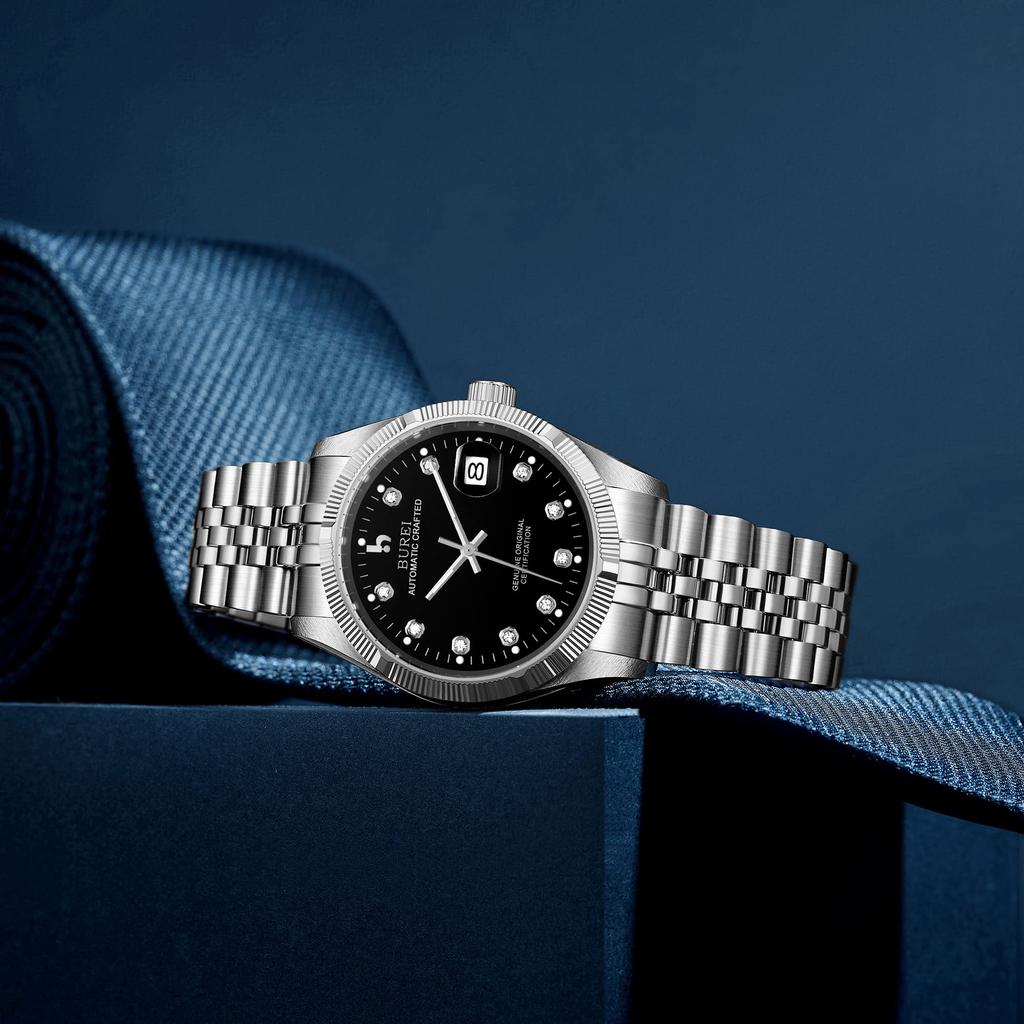 [BUREI] Men's Watch Fashion Simple Automatic Mechanical Waterproof Silver Black Watch Men's Birthday Gift