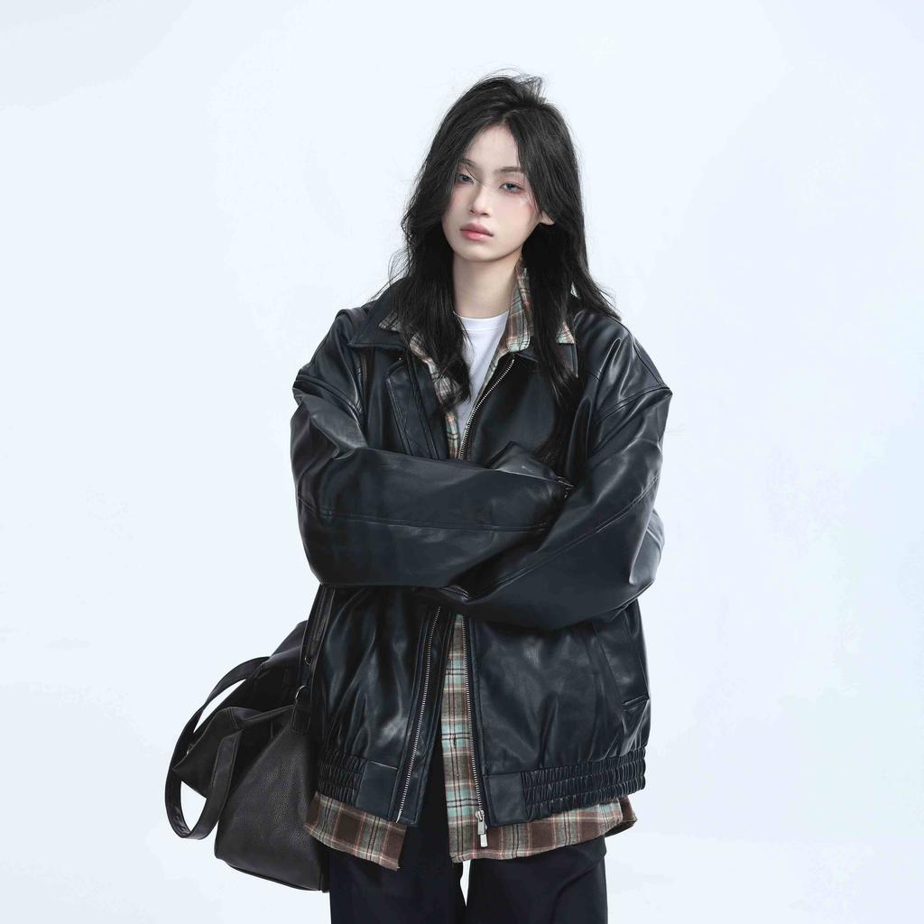 Autumn Winter Vintage Ladies Fashion Zipper Leather Jackets Long Sleeves Pure Colour Outwear Korean Aestheticism Harajuku Coats