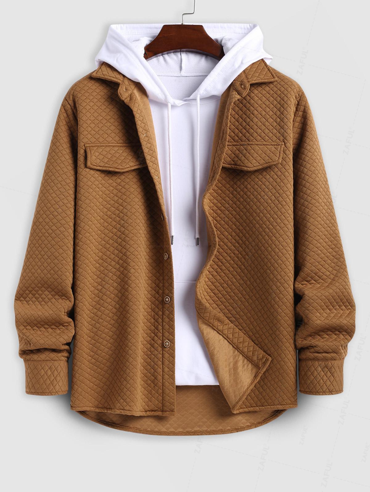 

Мужской однотонный шакет с квадратным сетчатым узором, имитацией карманов и однобортной застежкой XXL кофейный