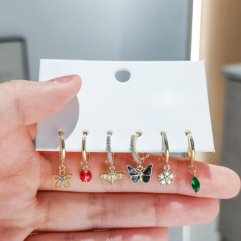 ANENJERY Ensemble de boucles d'oreilles en Zircon pour femmes, 6 pièces/ensemble, insecte, fleur, papillon, bijoux créatifs brillants
