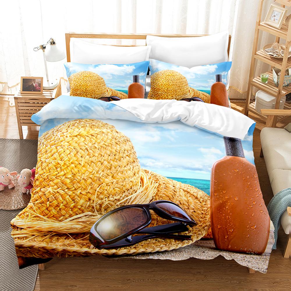 

Постельное белье, пляжная соломенная шляпа, пейзаж, 3D пододеяльник и наволочка, комплект постельного белья для двуспальной кровати, цифровая печать