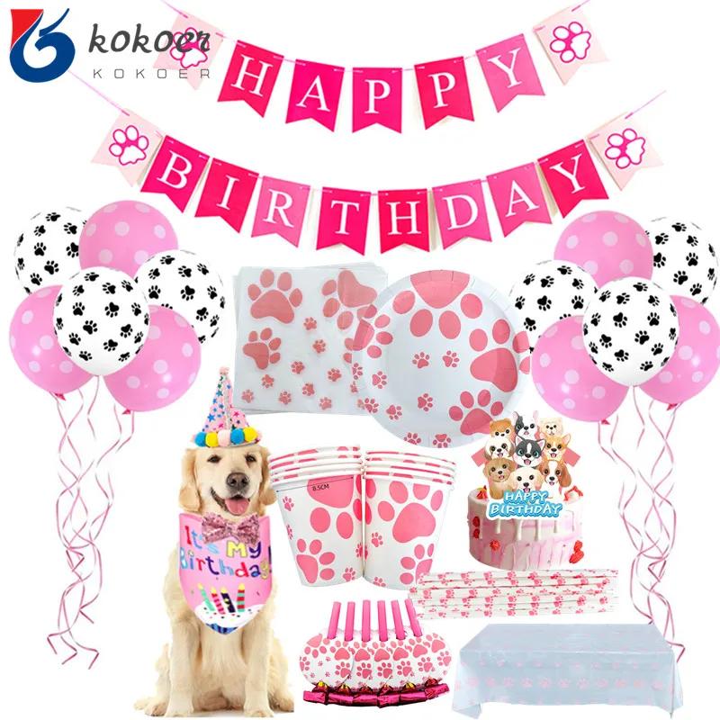 1 sett Rosa Hund Jente Bursdagsfestutstyr Hundepoteavtrykk Tallerkener Kopper Servietter Ballong Gratulerer med dagen Banner Kaketopp Dekorer